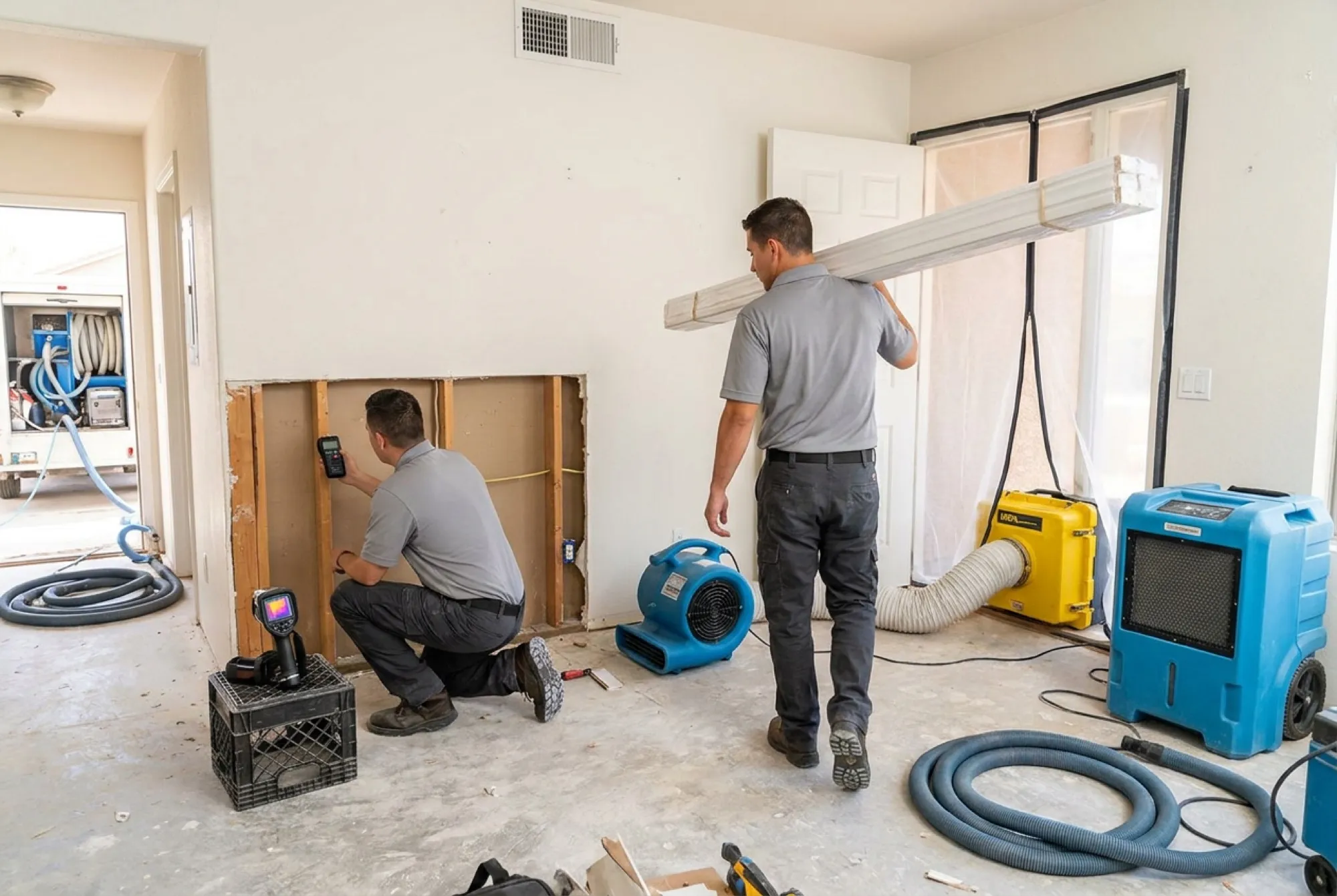 Two Water Fighters crew members work in the same Phoenix room, one recording a moisture reading while the other carries replacement baseboard trim.