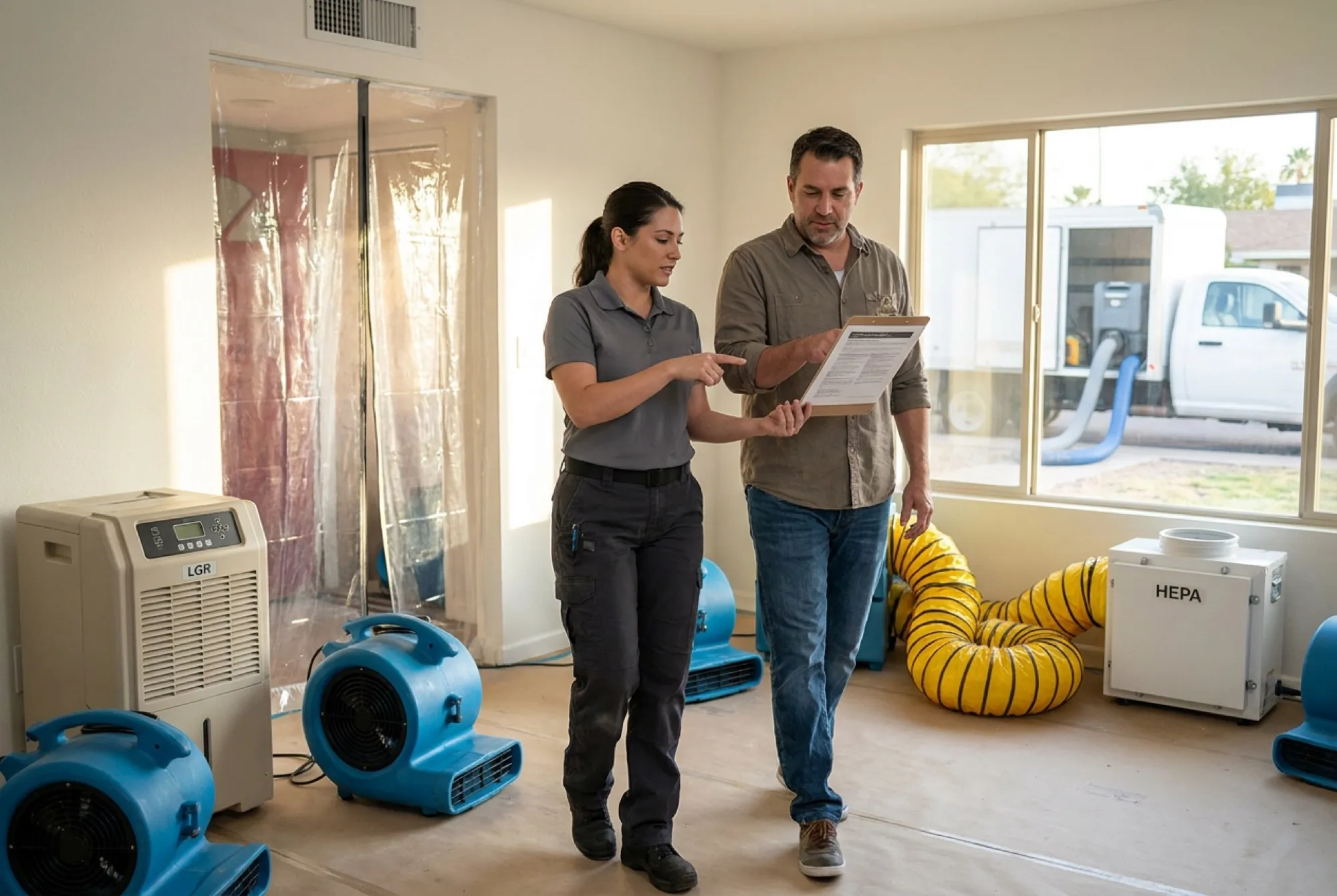 A Water Fighters crew lead and a Phoenix homeowner walk through a finished room together, reviewing the original scope sheet on a clipboard.
