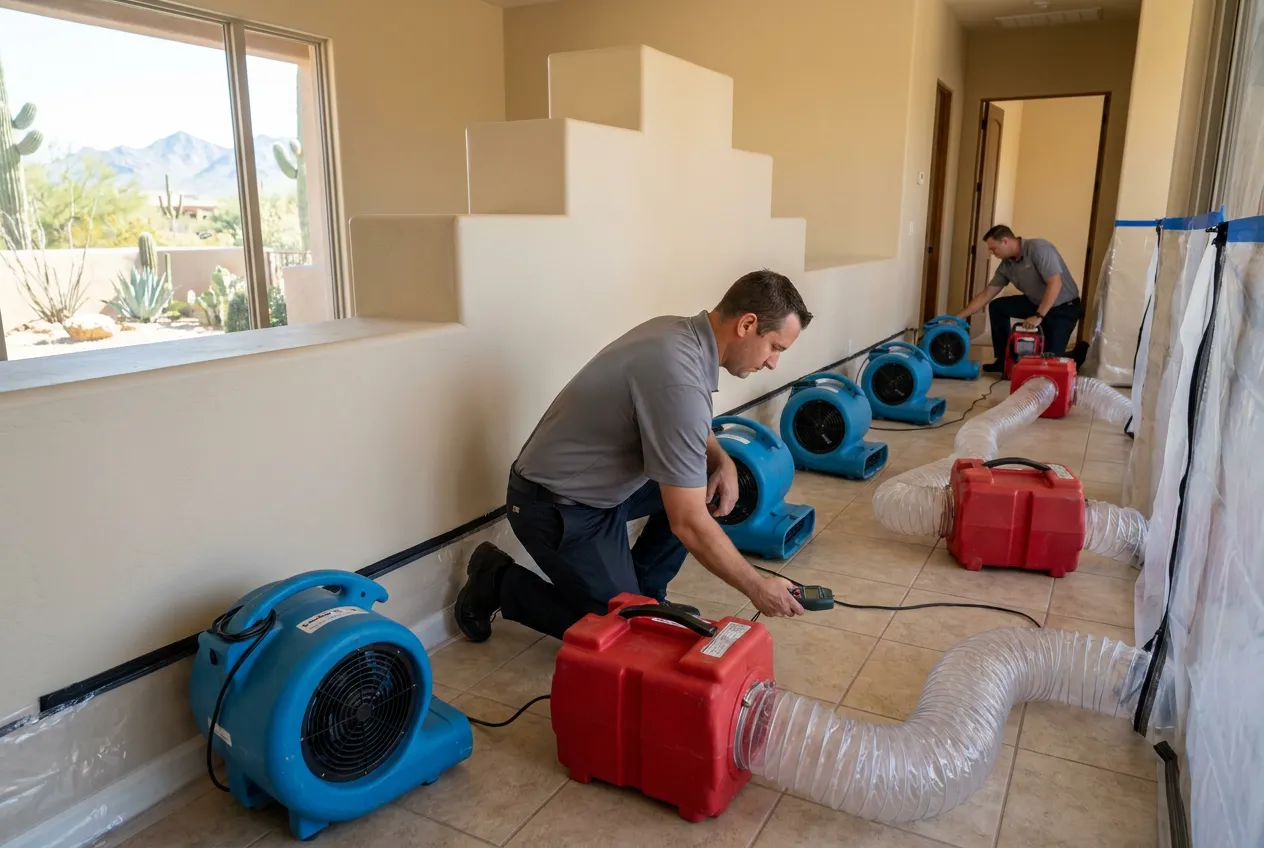 Drying equipment lines a stepped interior wall inside a seasonal foothill custom home after a concealed leak.
