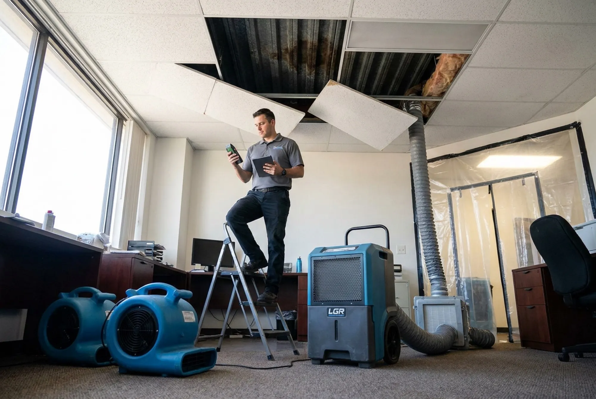 A Water Fighters technician logs moisture readings on a tablet in a Phoenix commercial suite with ceiling tiles removed to expose the wet deck above.
