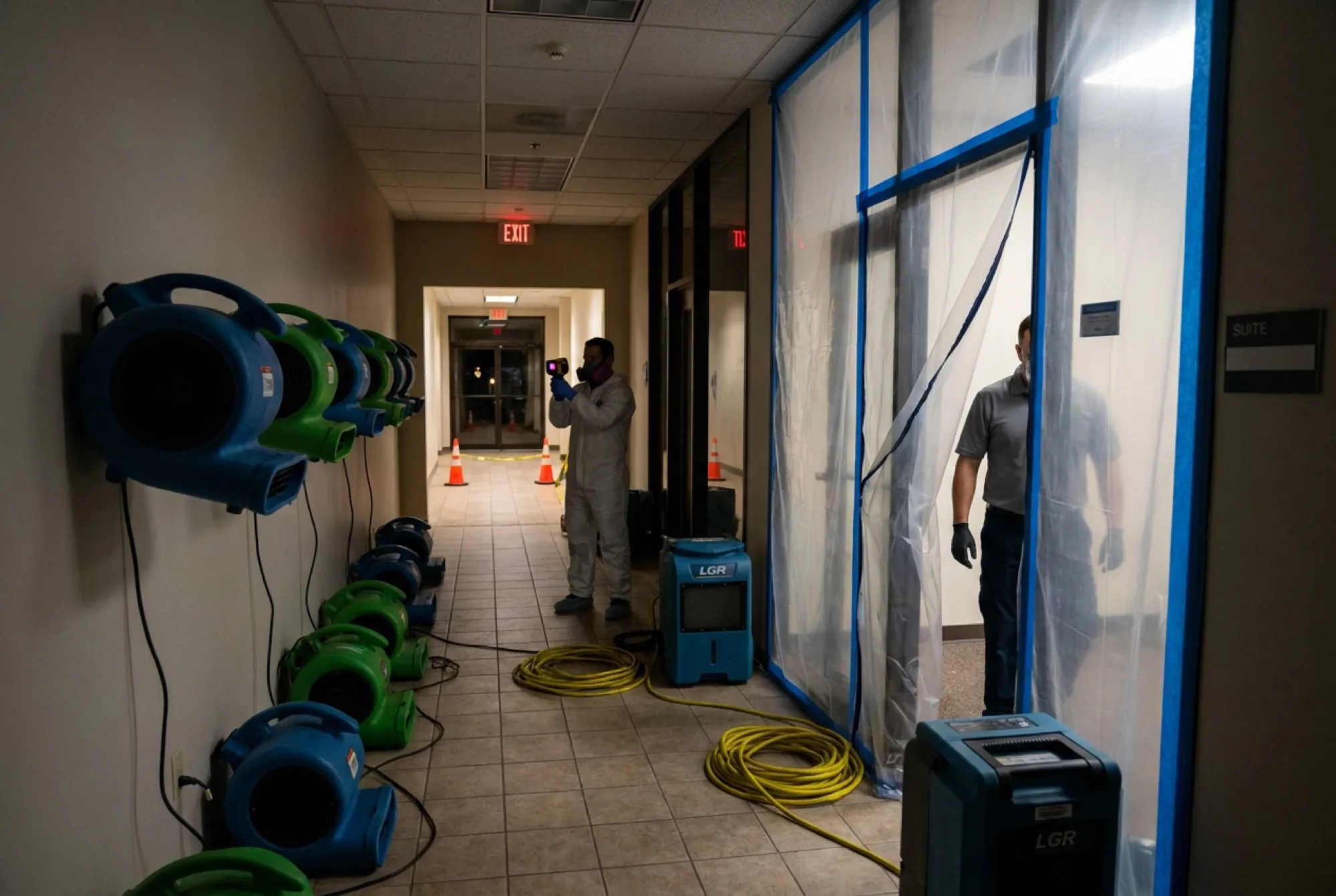 Air movers run down a commercial corridor in a Phoenix office building at night while containment plastic seals off one affected suite and the exit path stays clear.