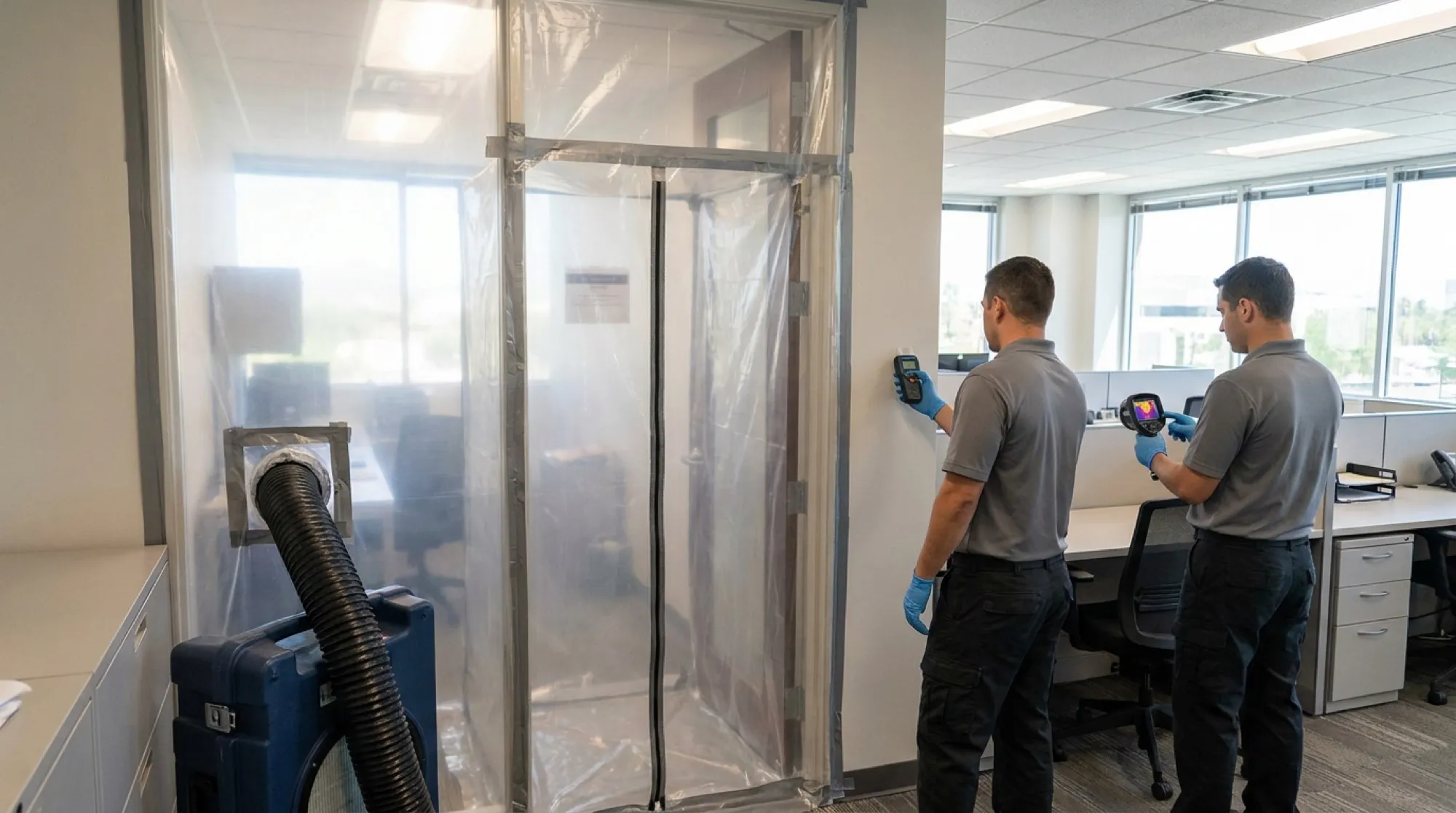 Sealed containment with a decontamination entry set up inside a Phoenix office suite, with negative air machines ducted through the barrier.