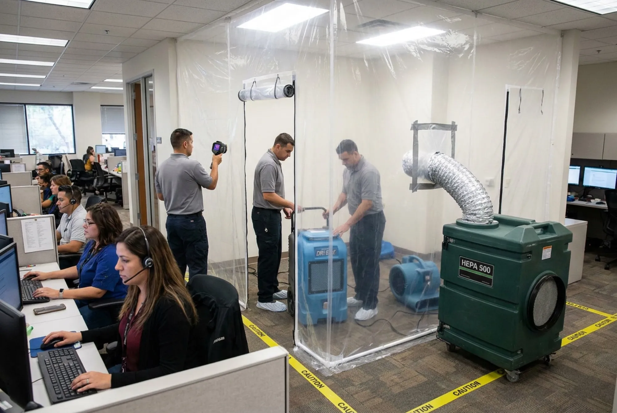 A sealed containment barrier with a decontamination entry isolates a section of a Phoenix office suite while employees continue working in the unaffected area beyond.