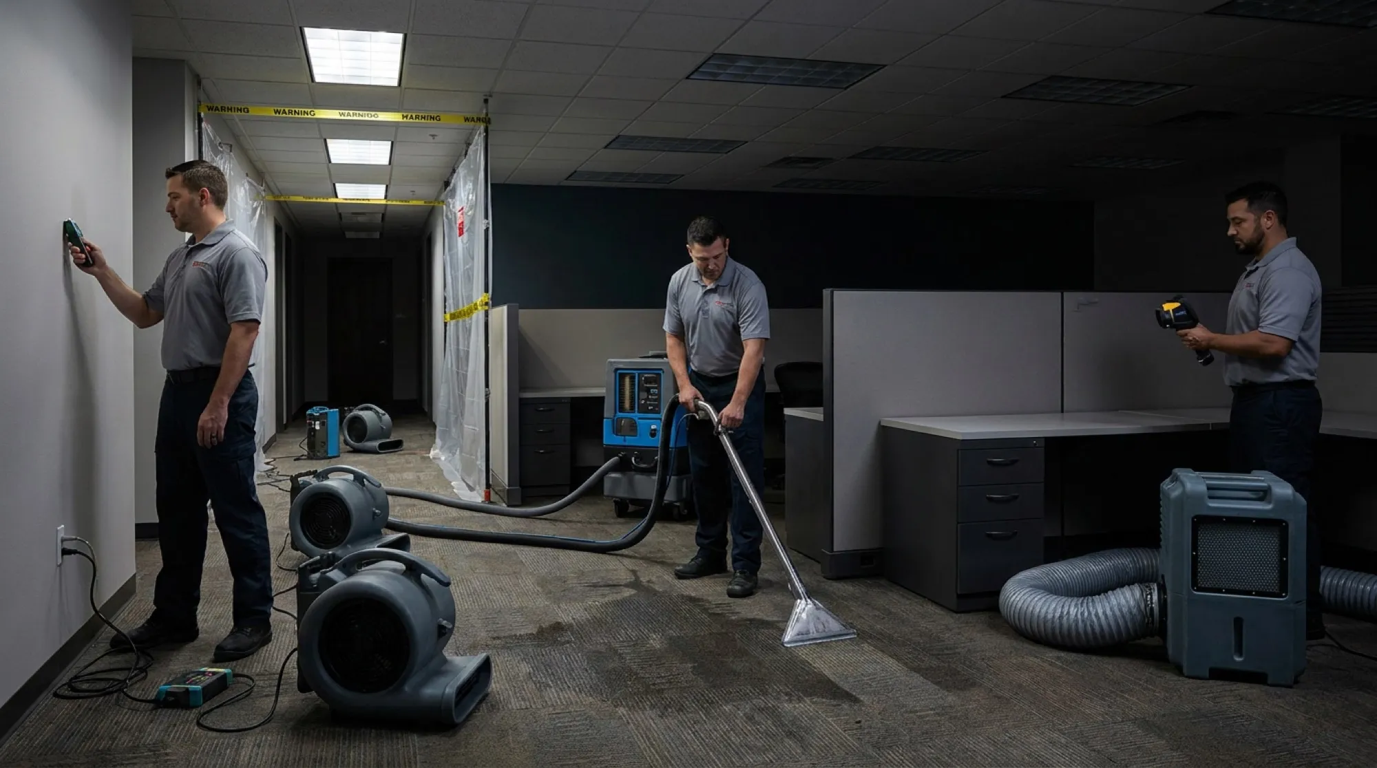 Water Fighters technicians extract water from a Phoenix office suite after hours, with air movers staged along a corridor of workstations.