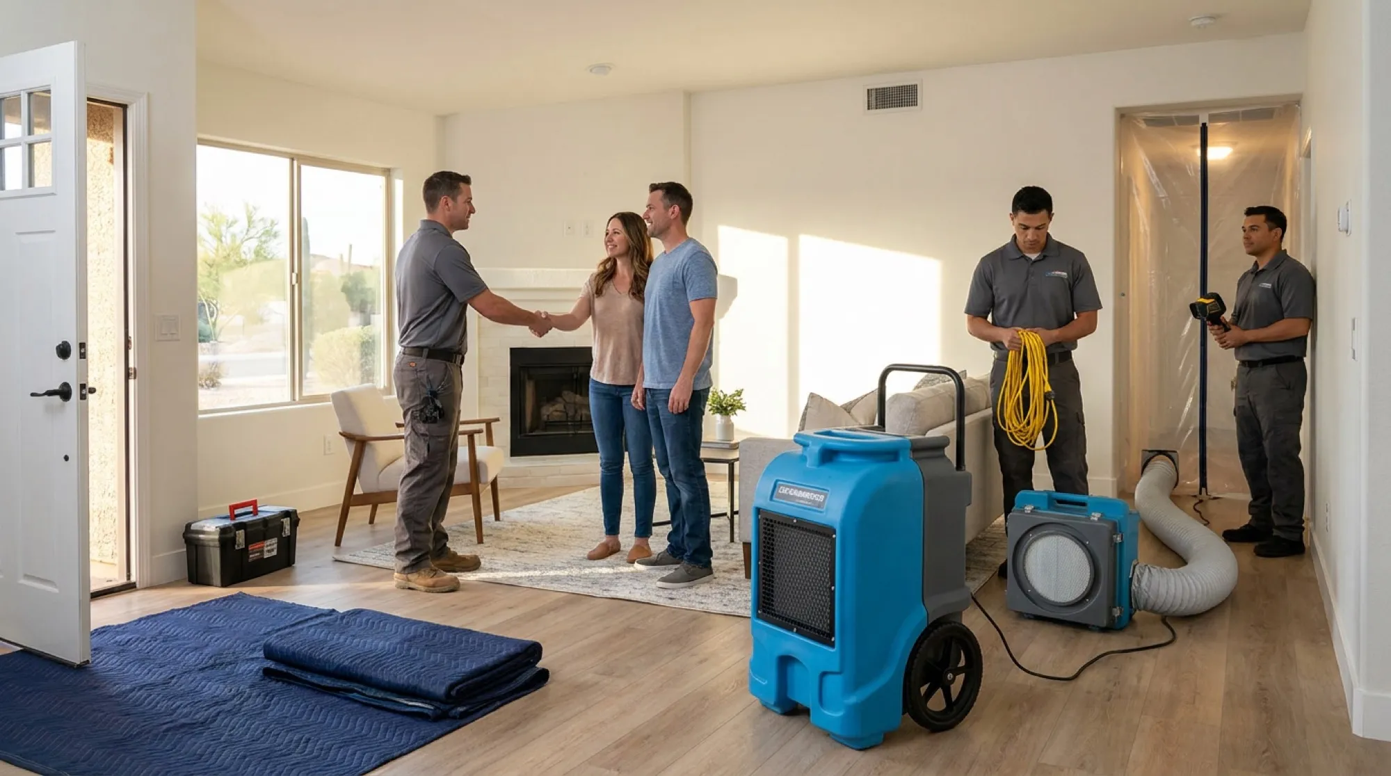 A Water Fighters crew lead shakes hands with a Phoenix homeowner in a finished, restored living room at the end of a job.