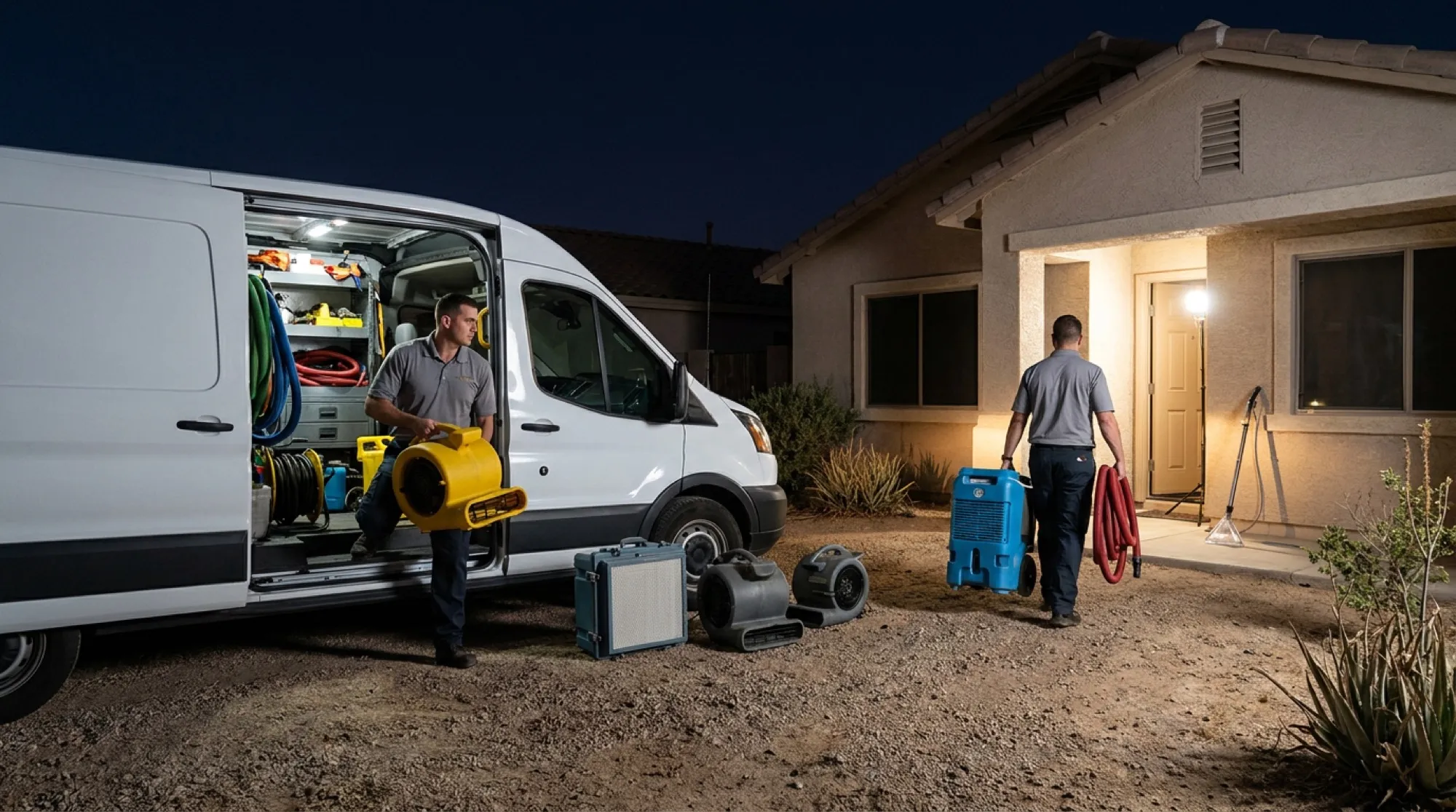 A Water Fighters service truck with its lights on outside a Phoenix home at night, crew unloading equipment.