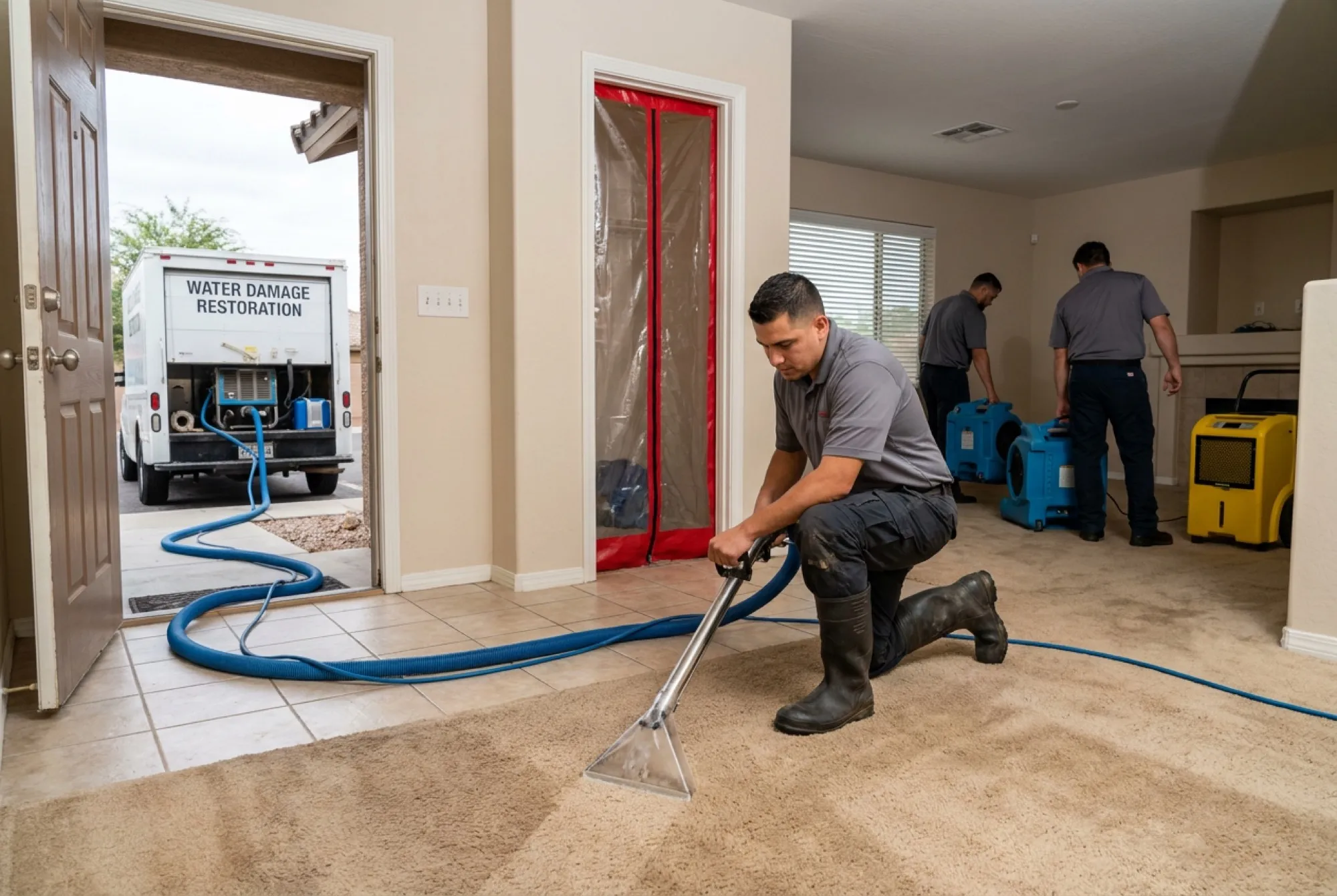 A Water Fighters crew member extracts standing water from soaked carpet in a Phoenix hallway, with the vacuum hose running out the open front door to a truck-mounted unit.