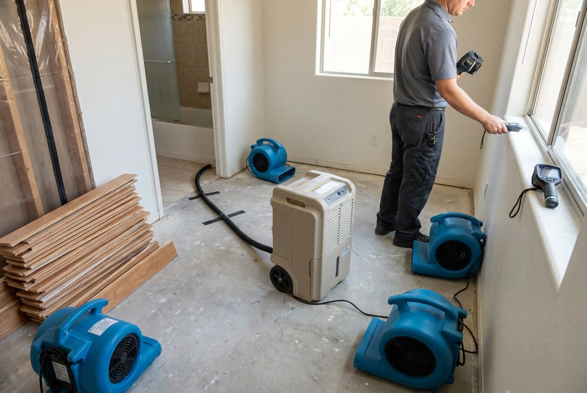 Air movers and a commercial dehumidifier dry a Phoenix bedroom after water extraction, with removed baseboards stacked neatly and a moisture meter on the windowsill.