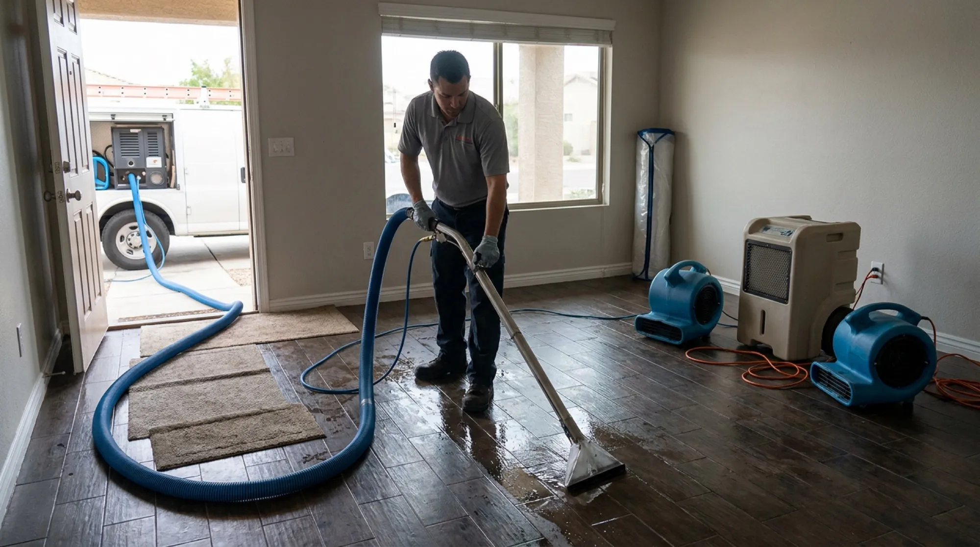 A Water Fighters technician runs a truck-mounted extraction wand across a flooded tile floor in a Phoenix living room while water is pulled toward the hose line.