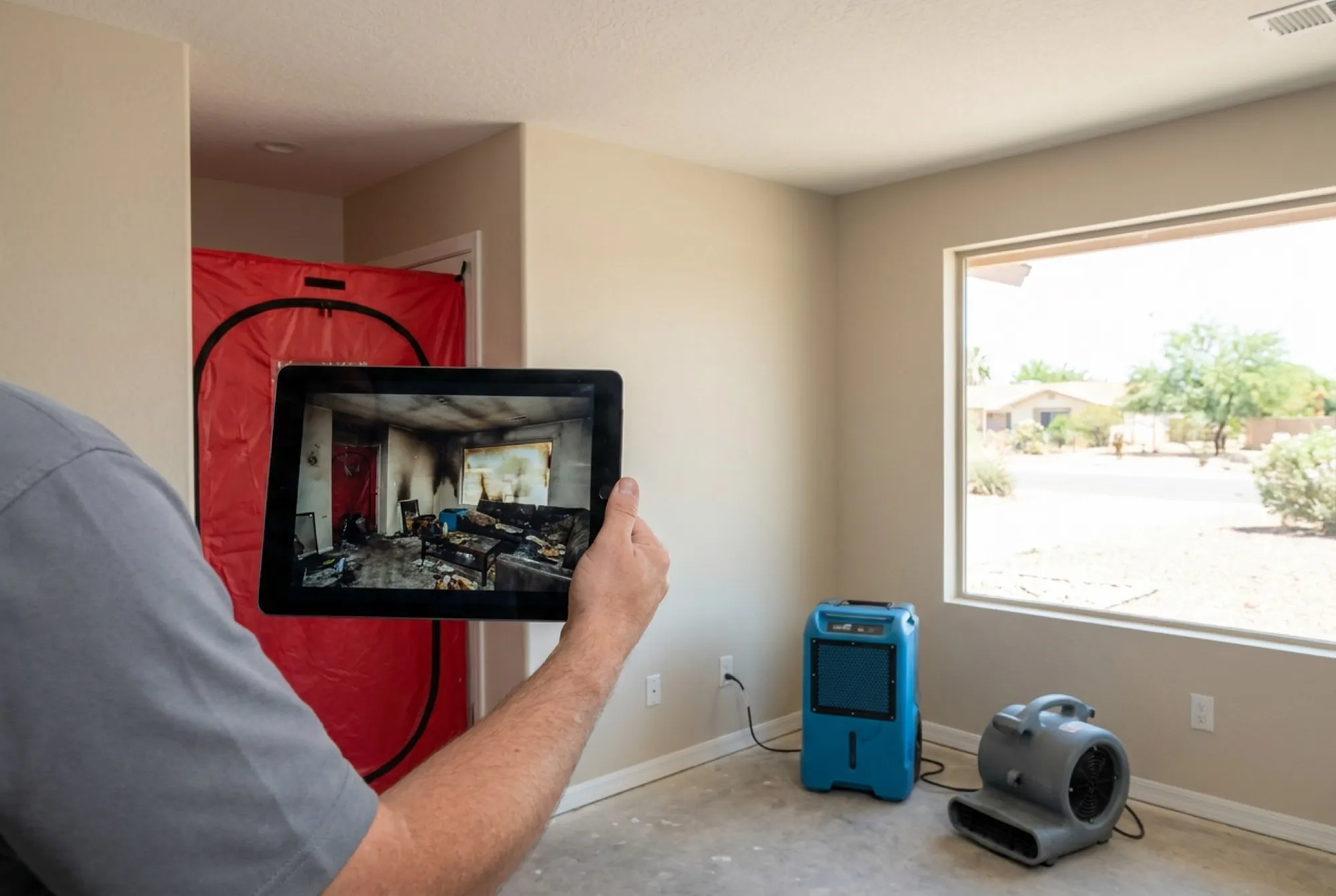 A rebuilt Phoenix living room with new drywall, matched texture, and paint, alongside a tablet showing the documented fire-damaged condition of the same room before repair.