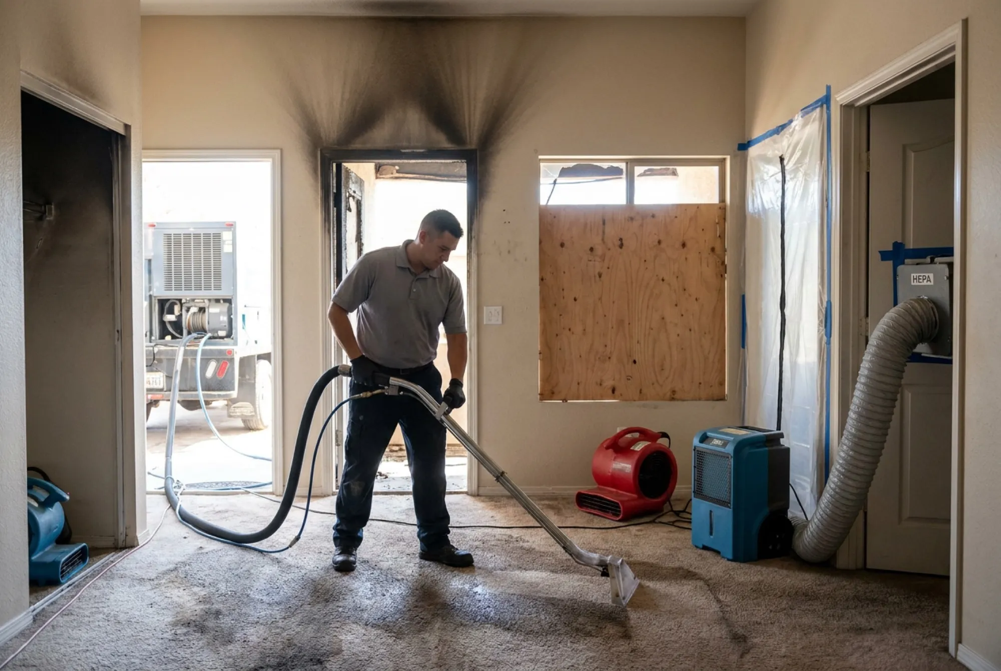Soot staining fans above a doorway in a fire-damaged Phoenix home while a technician extracts standing firefighting water from the floor and a boarded window is visible behind.