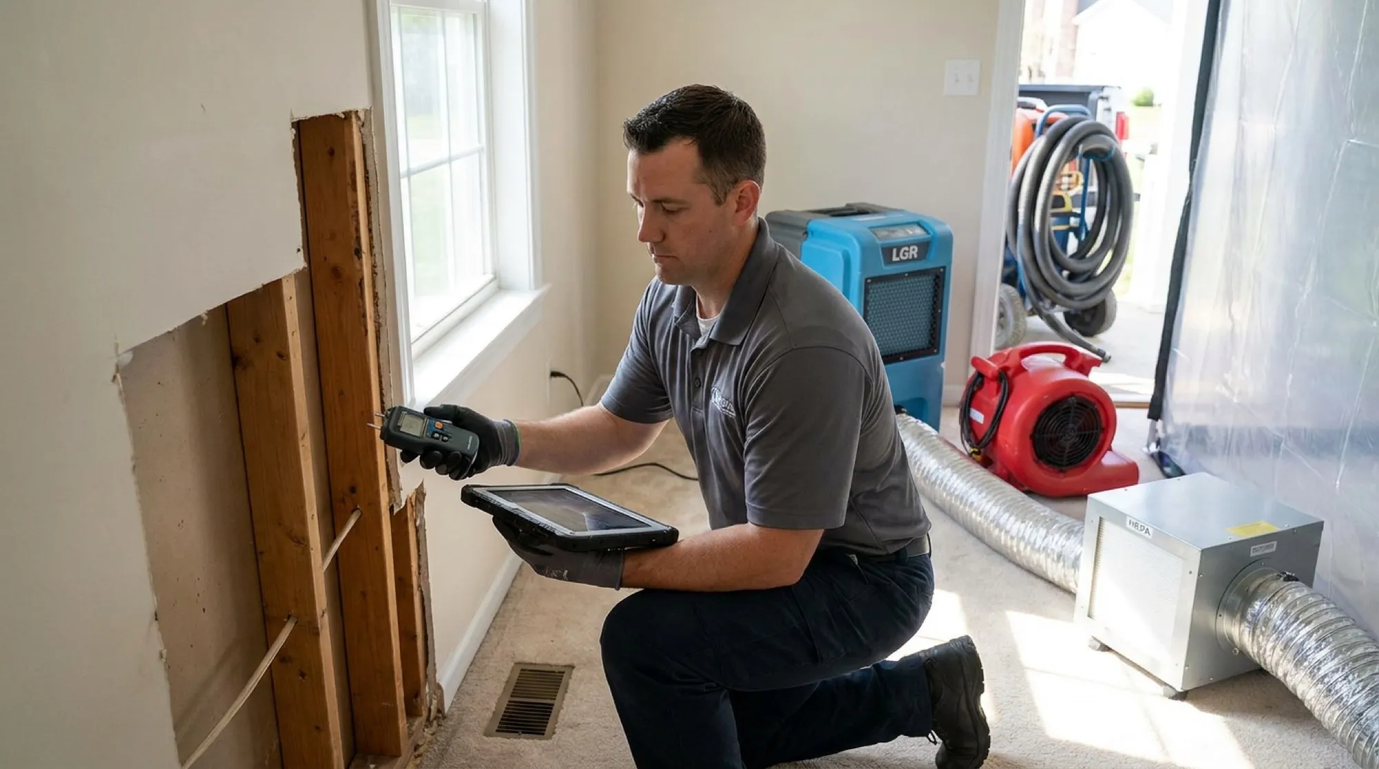 A Water Fighters technician logs a moisture reading onto a tablet beside an exposed wall cavity in a Phoenix home.
