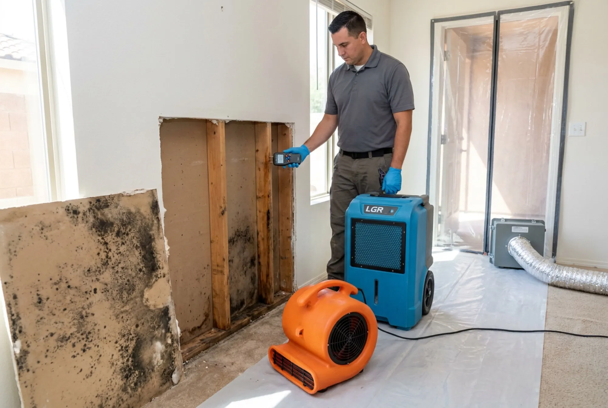 An opened wall cavity in a Phoenix home reveals mold growth on the back of the drywall and framing, with a moisture meter showing an elevated reading beside it.
