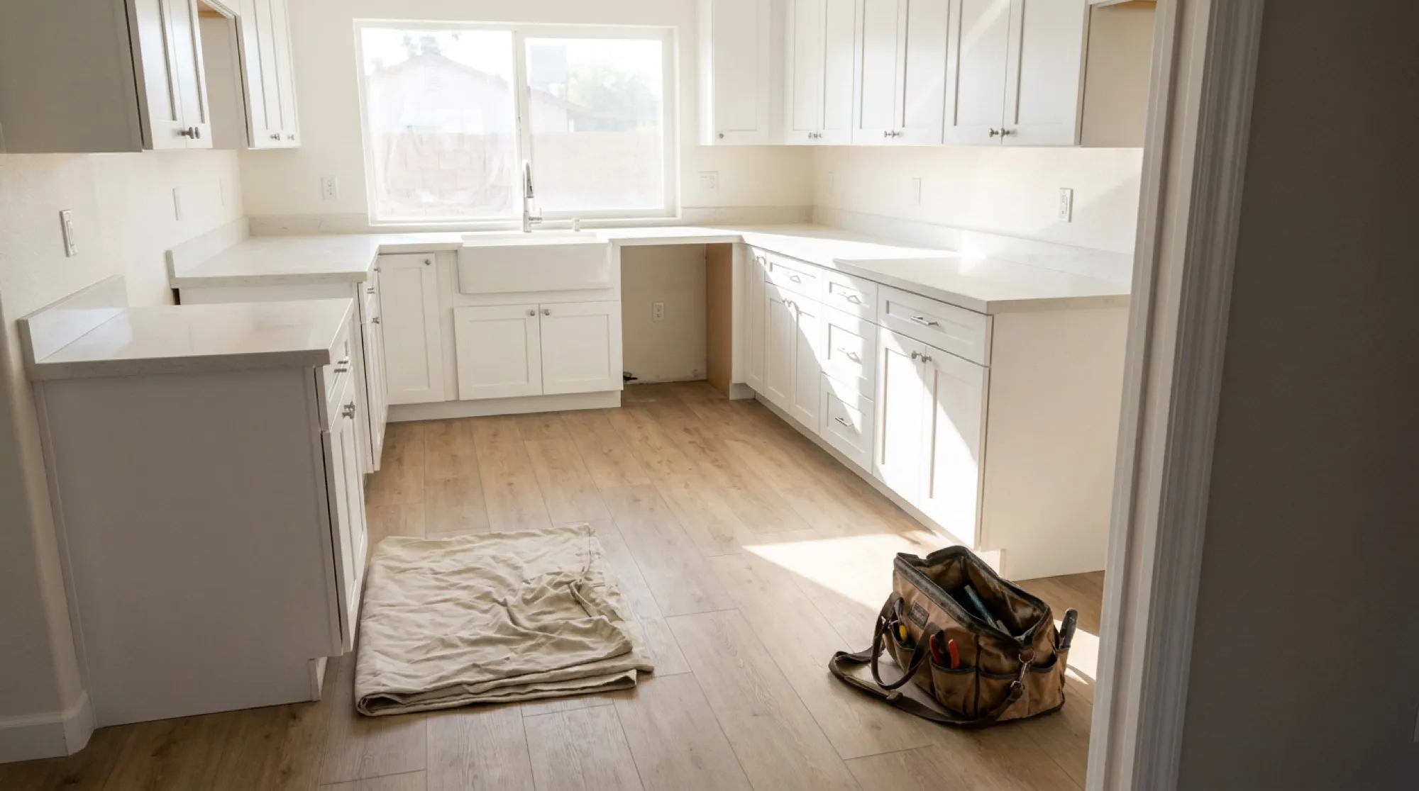 A finished Phoenix kitchen after water damage restoration, with new lower cabinets and flooring installed by the same Water Fighters crew that handled the original dry-out.