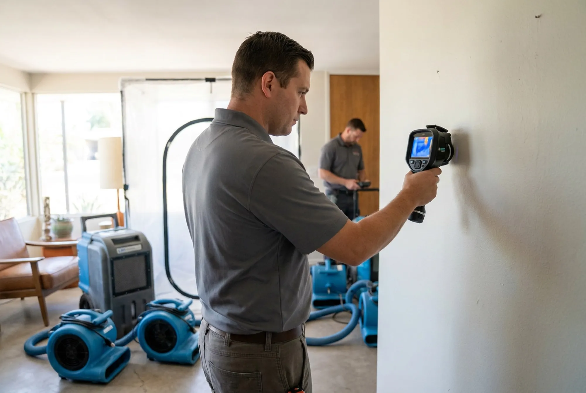 A Water Fighters technician traces a wall with a thermal imaging camera in a mid-century Phoenix home, looking for hidden moisture.