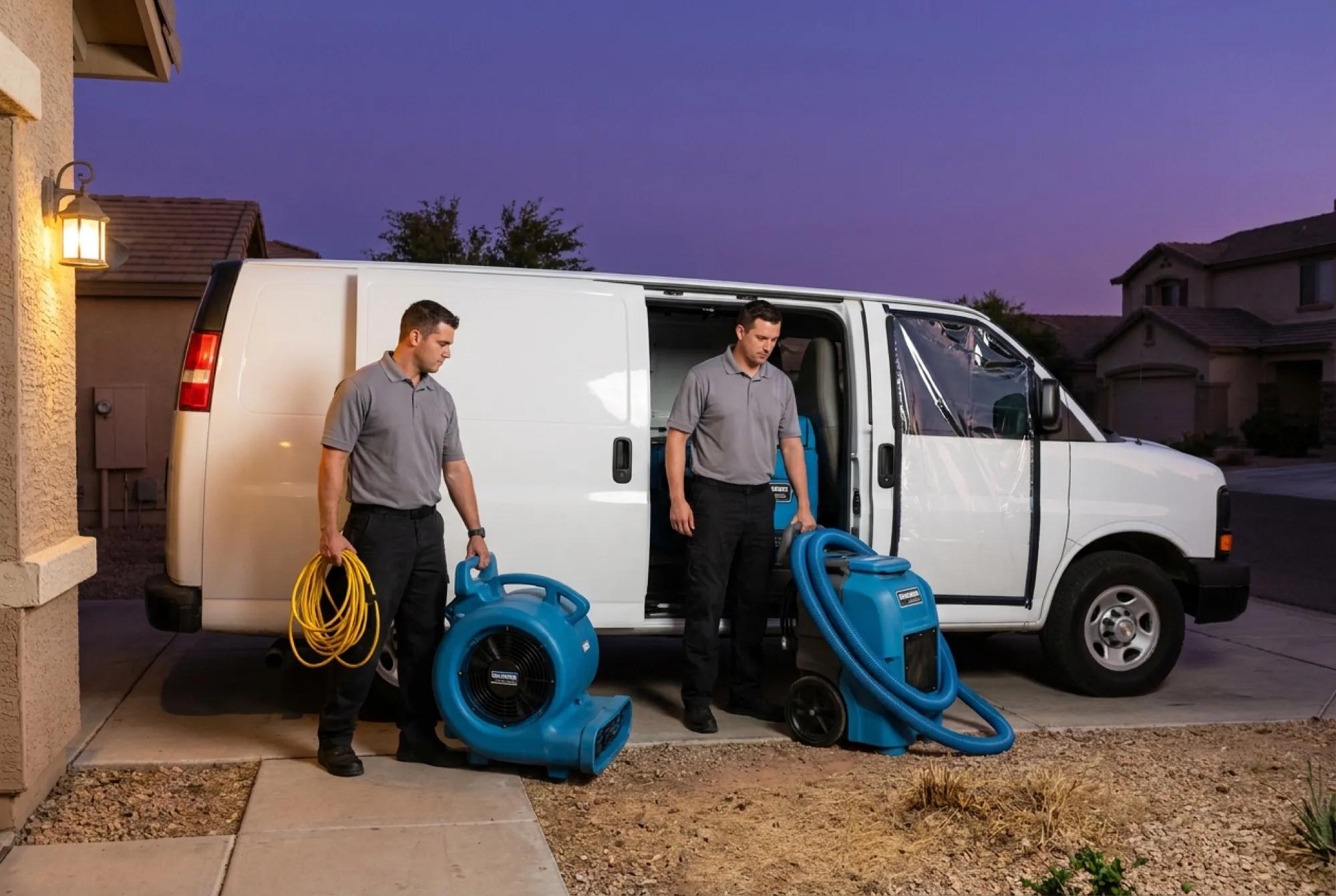 A Water Fighters crew unloads extraction equipment and stacked air movers from a service truck outside a Phoenix home at dusk.