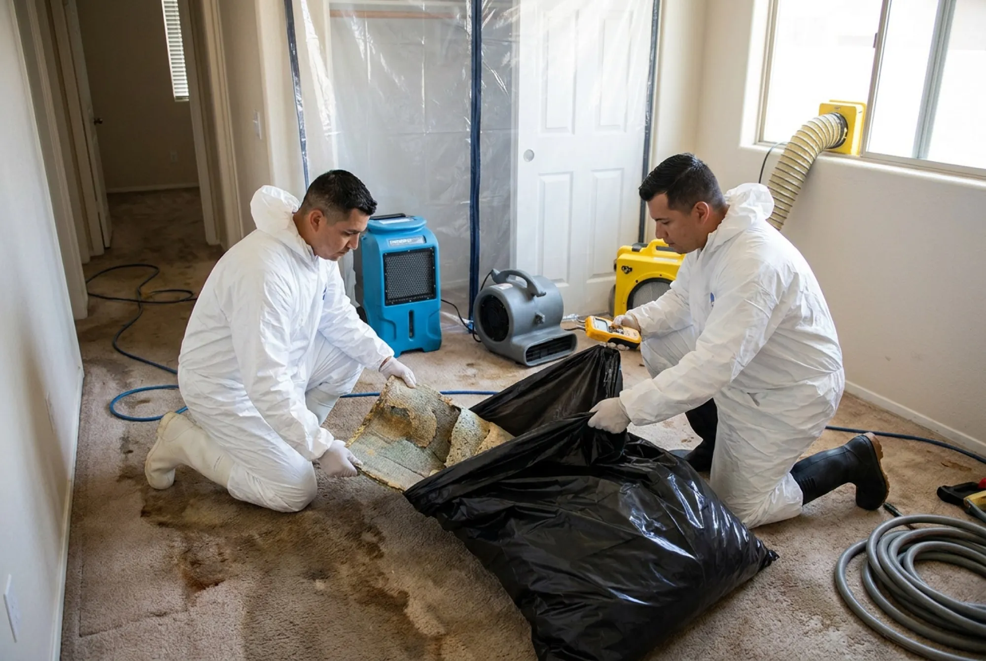 Two Water Fighters technicians in full protective equipment remove contaminated flooring from a Phoenix home inside a sealed containment area with negative air filtration running.